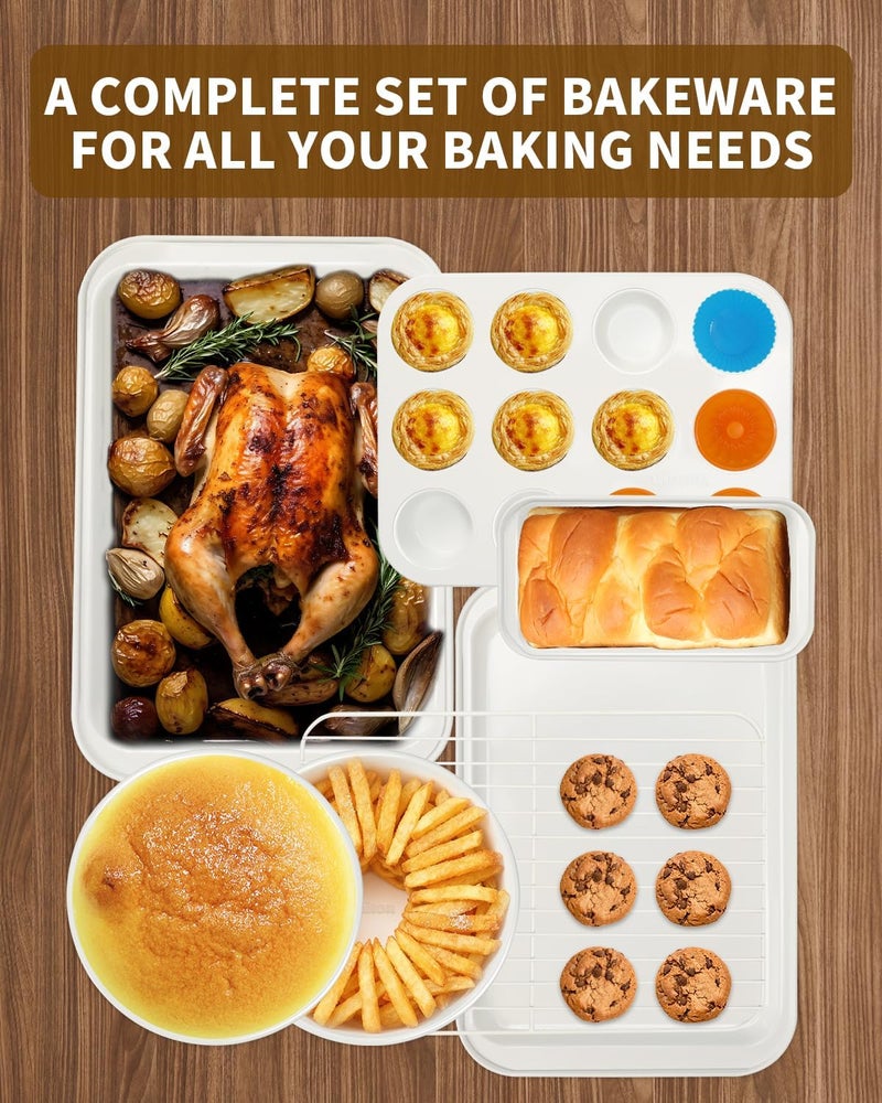 Ymiton Nonstick Baking Pans Set, 19 PCS Stackable Bakeware Sets, Oven Pan Set Includes Baking Tray, Cookie Sheet, Cake Pans, Loaf Pan, Muffin Pan, Silicone Cups - Image 2